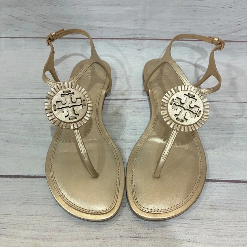 Tory Burch Miller Fringe Sandals Womens 7.5 Gold Metallic Logo Flat Leather
